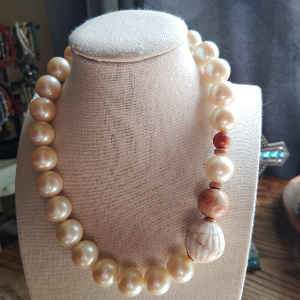 17-Inch Gold-Plated Necklace with Faux Pearls, Stones & Off-Center Focal Stone